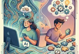 IMAGE: A modern illustration showing two people. On the left, a person is zoned out while using a computer; colorful, glowing data threads come from the screen, flowing around their head like an artificial brain process. On the right, another person is actively thinking and critical, with a distinct, glowing, gear-filled thought cloud appearing above their own head