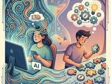 IMAGE: A modern illustration showing two people. On the left, a person is zoned out while using a computer; colorful, glowing data threads come from the screen, flowing around their head like an artificial brain process. On the right, another person is actively thinking and critical, with a distinct, glowing, gear-filled thought cloud appearing above their own head