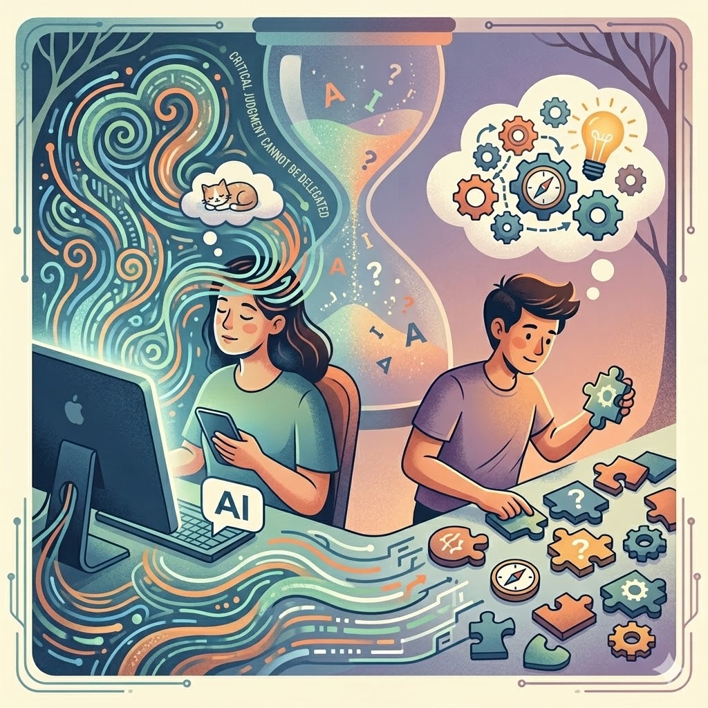 IMAGE: A modern illustration showing two people. On the left, a person is zoned out while using a computer; colorful, glowing data threads come from the screen, flowing around their head like an artificial brain process. On the right, another person is actively thinking and critical, with a distinct, glowing, gear-filled thought cloud appearing above their own head