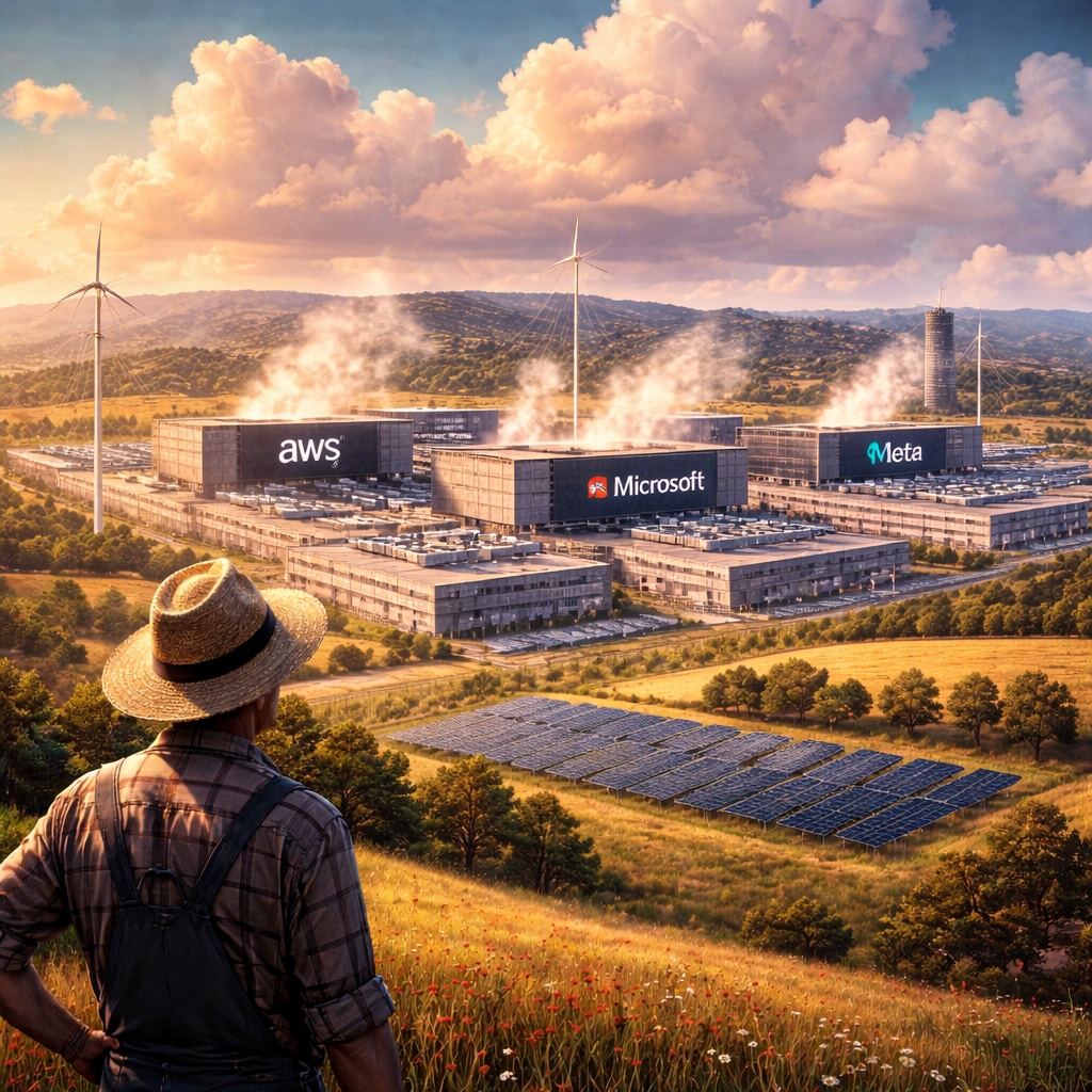IMAGE: A rural Spanish landscape with solar panels and wind turbines, where a farmer looks toward a large complex of low, warehouse-like data centers with cooling systems, blending industrial infrastructure into the countryside 