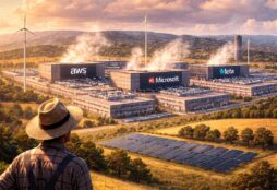 IMAGE: A rural Spanish landscape with solar panels and wind turbines, where a farmer looks toward a large complex of low, warehouse-like data centers with cooling systems, blending industrial infrastructure into the countryside