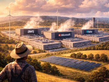 IMAGE: A rural Spanish landscape with solar panels and wind turbines, where a farmer looks toward a large complex of low, warehouse-like data centers with cooling systems, blending industrial infrastructure into the countryside