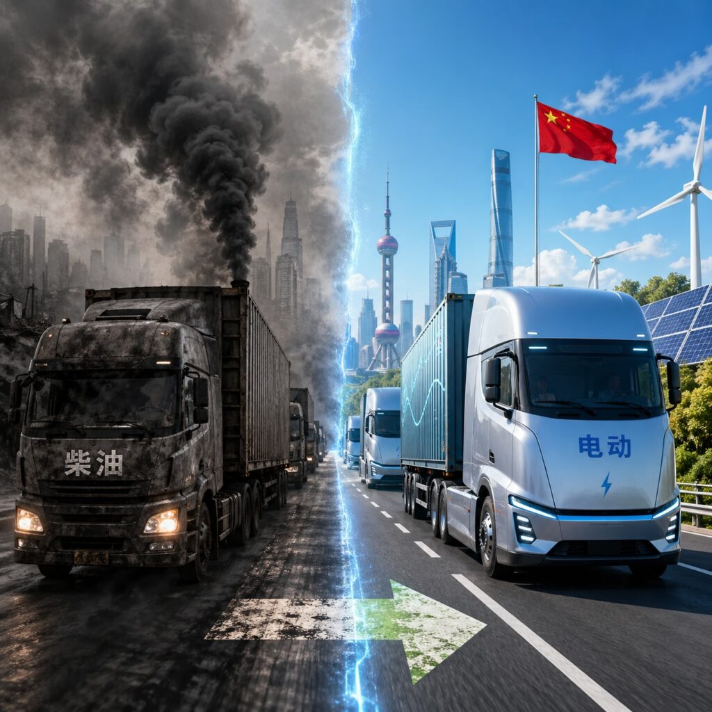 IMAGE: A split-scene illustration contrasting a polluted diesel truck environment with a clean, modern electric truck landscape in China, symbolizing the transition from fossil fuels to electrification 