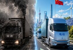 IMAGE: A split-scene illustration contrasting a polluted diesel truck environment with a clean, modern electric truck landscape in China, symbolizing the transition from fossil fuels to electrification