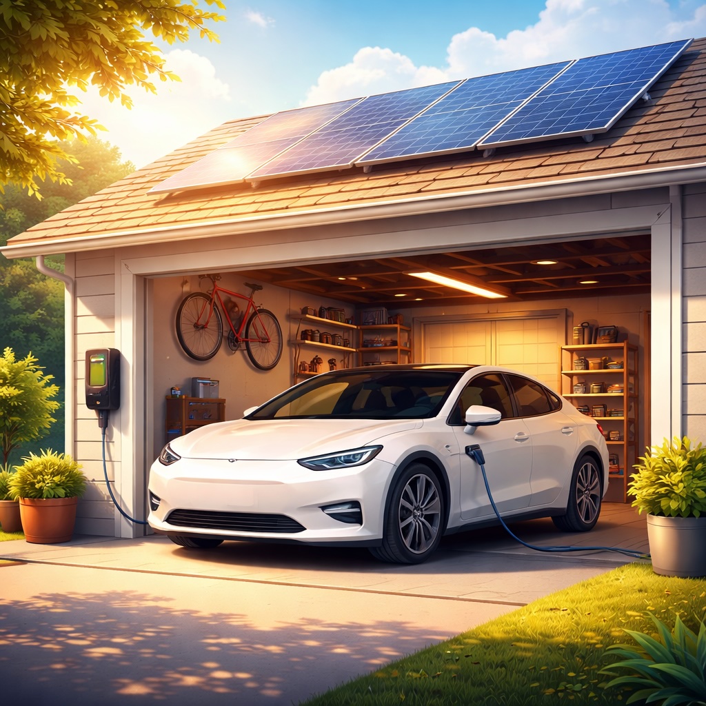 IMAGE: A modern electric car charging in a private garage with rooftop solar panels, bathed in warm sunlight, symbolizing home energy independence and clean mobility 