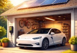 IMAGE: A modern electric car charging in a private garage with rooftop solar panels, bathed in warm sunlight, symbolizing home energy independence and clean mobility