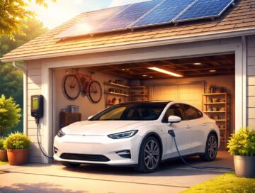 IMAGE: A modern electric car charging in a private garage with rooftop solar panels, bathed in warm sunlight, symbolizing home energy independence and clean mobility