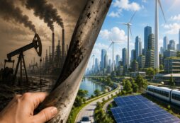IMAGE: A hand pulls back a dark, polluted layer revealing a bright futuristic city powered by solar panels and wind turbines, symbolizing the transition from fossil fuels to renewable energy