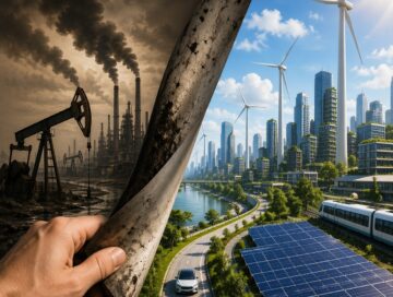 IMAGE: A hand pulls back a dark, polluted layer revealing a bright futuristic city powered by solar panels and wind turbines, symbolizing the transition from fossil fuels to renewable energy