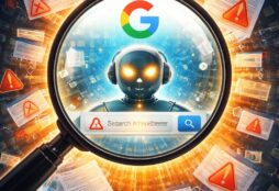 IMAGE: An AI robot inside a magnifying glass under Google’s logo, surrounded by warning signs and conflicting information sources