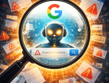 IMAGE: An AI robot inside a magnifying glass under Google’s logo, surrounded by warning signs and conflicting information sources