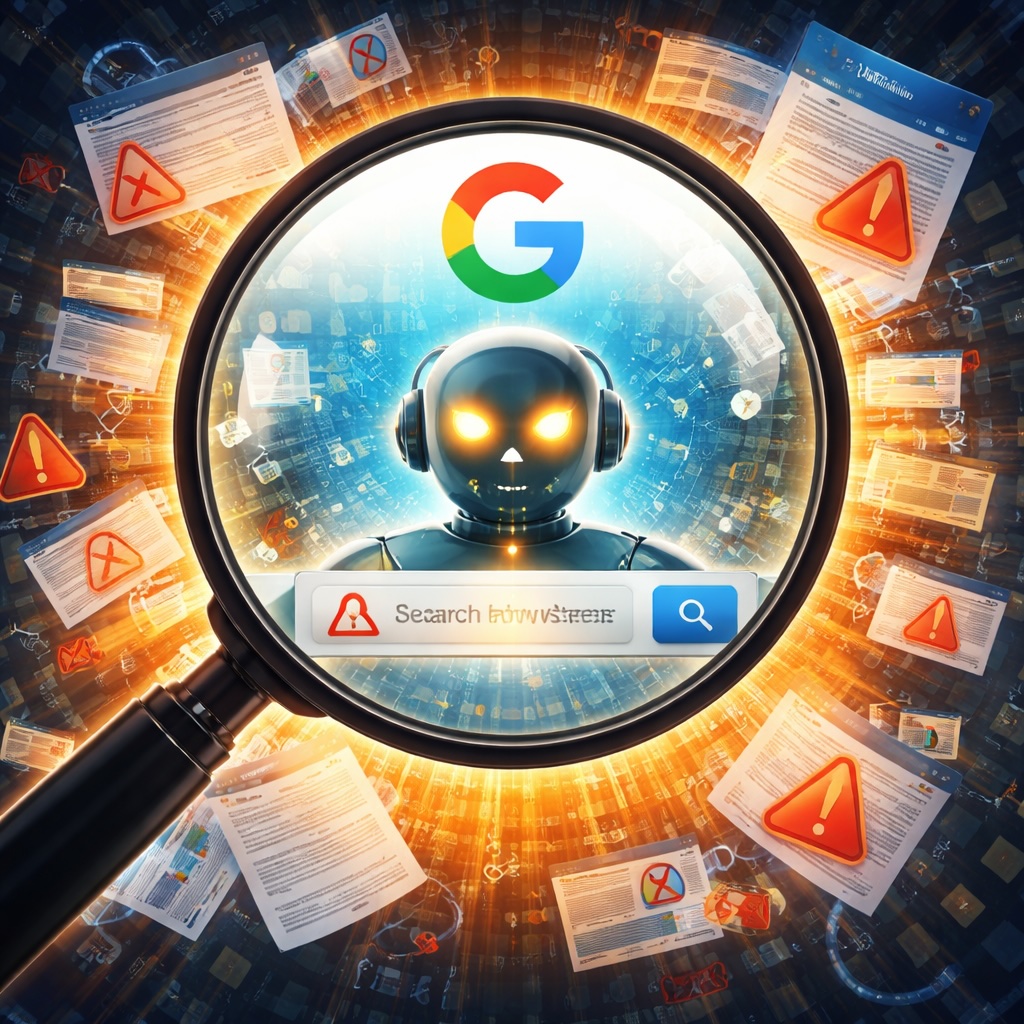 IMAGE: An AI robot inside a magnifying glass under Google’s logo, surrounded by warning signs and conflicting information sources