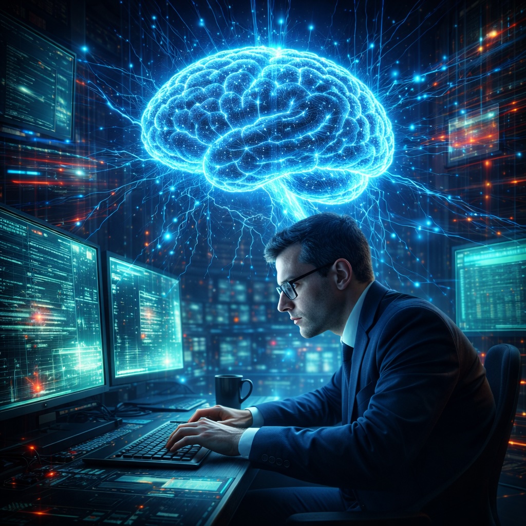 IMAGE: A professional analyst at multiple screens while a glowing AI brain hovers above, symbolizing automated cyber power 