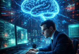 IMAGE: A professional analyst at multiple screens while a glowing AI brain hovers above, symbolizing automated cyber power