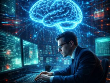 IMAGE: A professional analyst at multiple screens while a glowing AI brain hovers above, symbolizing automated cyber power