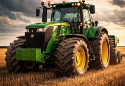 IMAGE: A large green tractor in a wheat field under a dramatic sky, highlighting its scale and power
