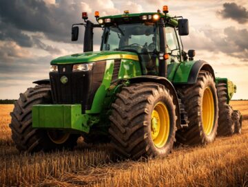 IMAGE: A large green tractor in a wheat field under a dramatic sky, highlighting its scale and power