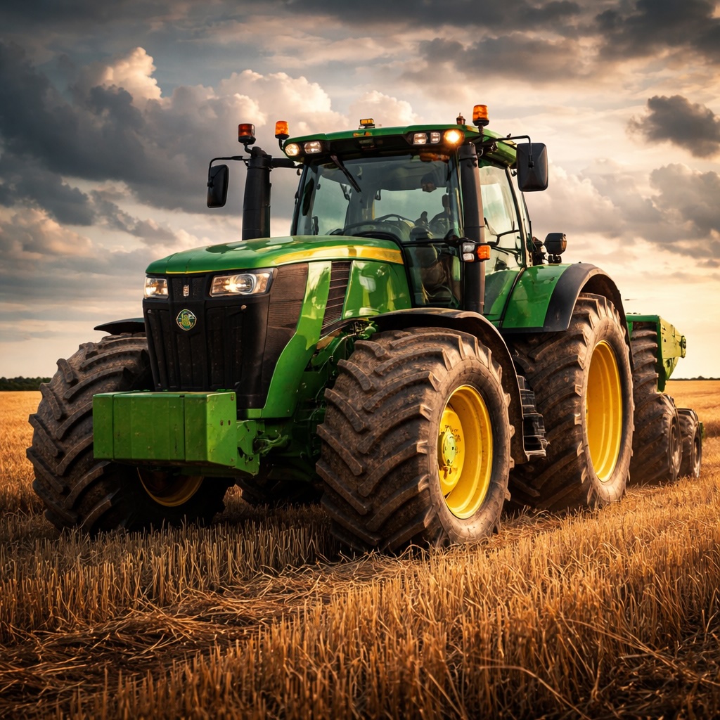 IMAGE: A large green tractor in a wheat field under a dramatic sky, highlighting its scale and power