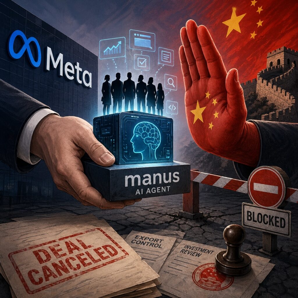 IMAGE: A stylized editorial illustration showing Meta attempting to acquire an AI “cube” labeled Manus, while a large red hand representing China blocks the transfer, symbolizing geopolitical intervention and the cancellation of the deal 