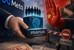 IMAGE: A stylized editorial illustration showing Meta attempting to acquire an AI “cube” labeled Manus, while a large red hand representing China blocks the transfer, symbolizing geopolitical intervention and the cancellation of the deal