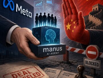 IMAGE: A stylized editorial illustration showing Meta attempting to acquire an AI “cube” labeled Manus, while a large red hand representing China blocks the transfer, symbolizing geopolitical intervention and the cancellation of the deal