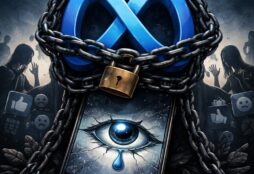 IMAGE: A chained Meta logo locking a cracked smartphone with a crying eye on its screen, while shadowy figures with social media icons appear trapped in the background