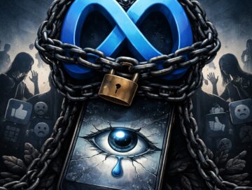 IMAGE: A chained Meta logo locking a cracked smartphone with a crying eye on its screen, while shadowy figures with social media icons appear trapped in the background