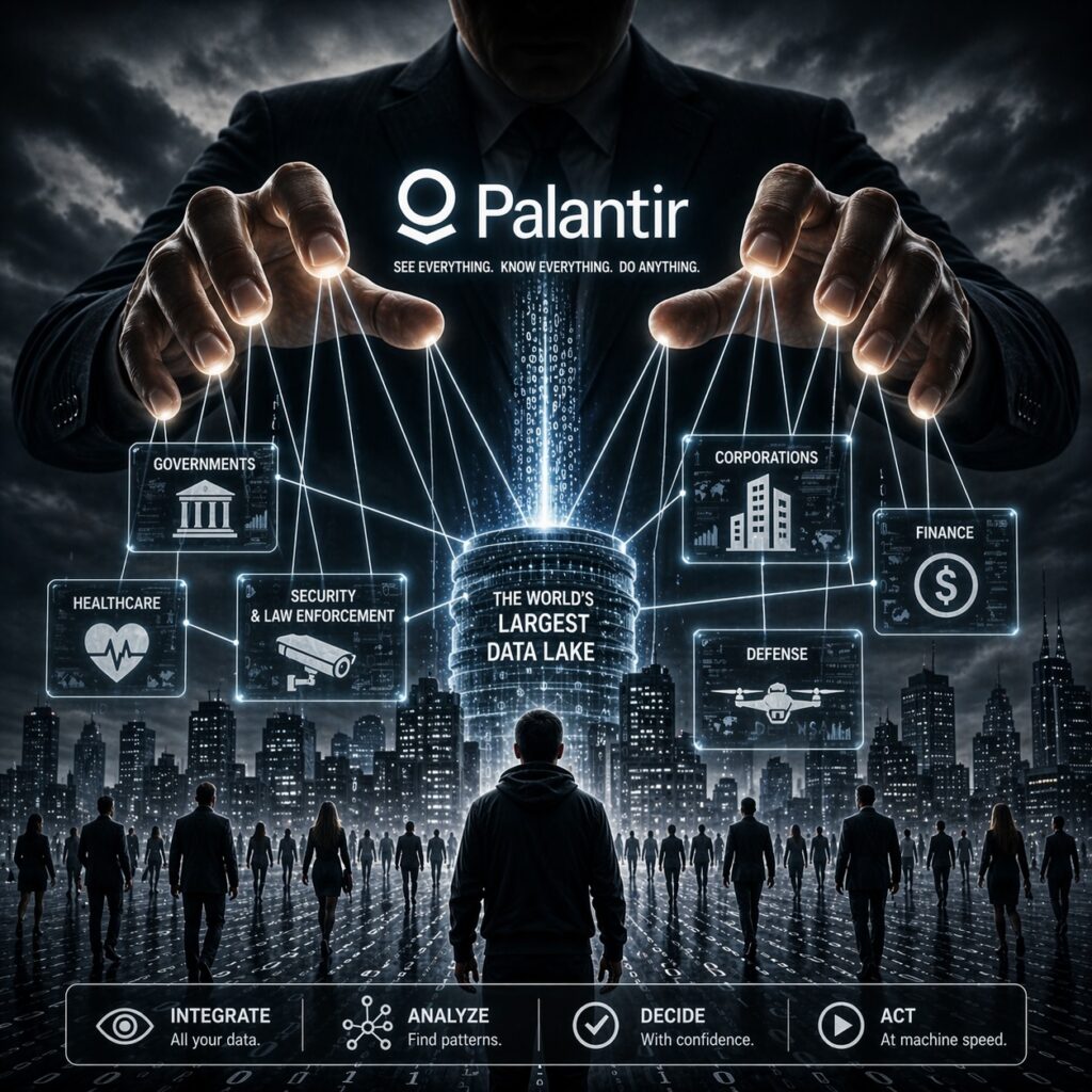 IMAGE: A dark, dystopian scene showing a giant faceless figure manipulating cities and people through glowing data strings, symbolizing invisible technological control over society