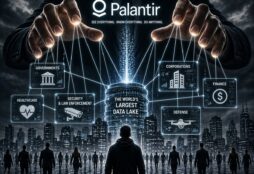 IMAGE: A dark, dystopian scene showing a giant faceless figure manipulating cities and people through glowing data strings, symbolizing invisible technological control over society