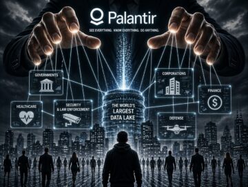 IMAGE: A dark, dystopian scene showing a giant faceless figure manipulating cities and people through glowing data strings, symbolizing invisible technological control over society