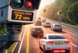 IMAGE: A highway scene with multiple cars driving under a network of automated speed cameras, one prominently scanning vehicles and tracking their average speed across the road