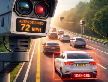 IMAGE: A highway scene with multiple cars driving under a network of automated speed cameras, one prominently scanning vehicles and tracking their average speed across the road