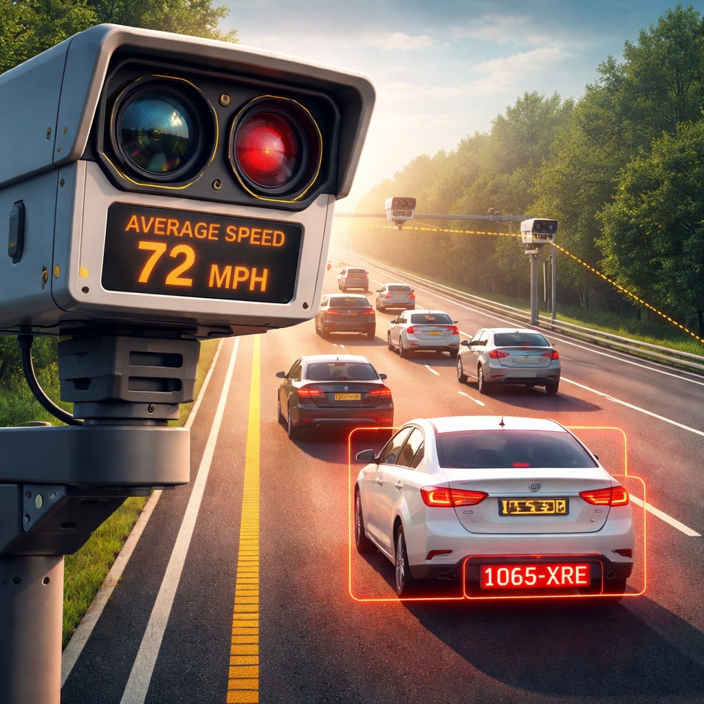 IMAGE: A highway scene with multiple cars driving under a network of automated speed cameras, one prominently scanning vehicles and tracking their average speed across the road