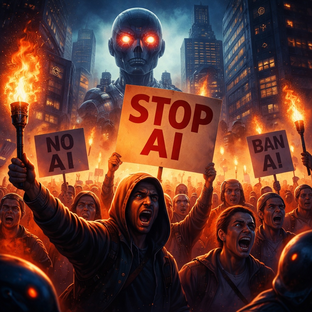 IMAGE: A large, angry crowd protests against artificial intelligence in a burning city, while a giant glowing-eyed robot looms over the scene 