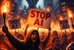 IMAGE: A large, angry crowd protests against artificial intelligence in a burning city, while a giant glowing-eyed robot looms over the scene