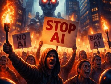 IMAGE: A large, angry crowd protests against artificial intelligence in a burning city, while a giant glowing-eyed robot looms over the scene