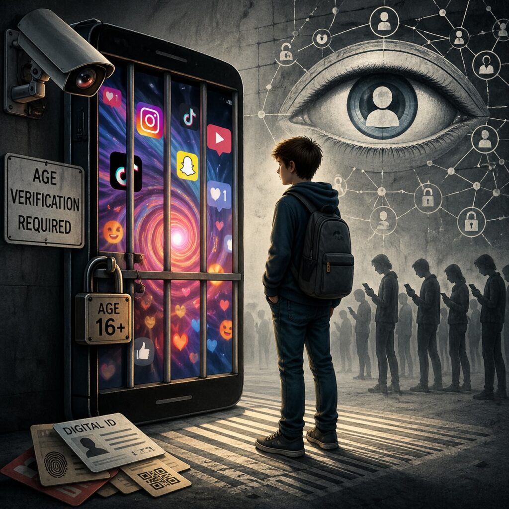 IMAGE: A teenage boy stands in front of a giant smartphone shaped like a locked prison gate, filled with colorful social media icons, while a large surveillance eye looms in the background and shadowy figures check their phones under watch 