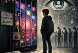 IMAGE: A teenage boy stands in front of a giant smartphone shaped like a locked prison gate, filled with colorful social media icons, while a large surveillance eye looms in the background and shadowy figures check their phones under watch