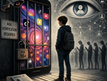 IMAGE: A teenage boy stands in front of a giant smartphone shaped like a locked prison gate, filled with colorful social media icons, while a large surveillance eye looms in the background and shadowy figures check their phones under watch