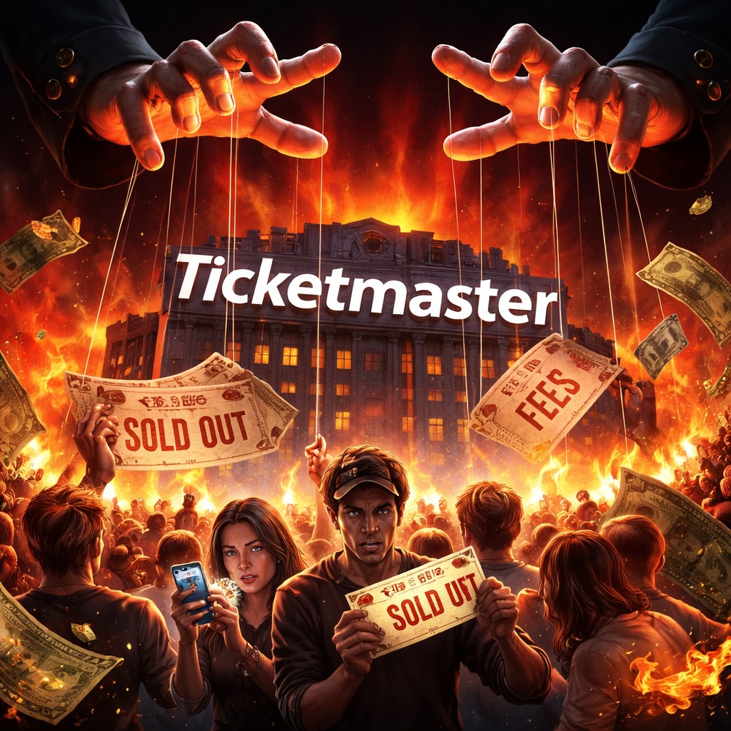 IMAGE: Dark satirical scene of a burning concert venue controlled by giant puppet hands, with frustrated fans holding “sold out” tickets and money flying around 