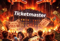 IMAGE: Dark satirical scene of a burning concert venue controlled by giant puppet hands, with frustrated fans holding “sold out” tickets and money flying around
