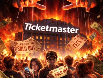 IMAGE: Dark satirical scene of a burning concert venue controlled by giant puppet hands, with frustrated fans holding “sold out” tickets and money flying around