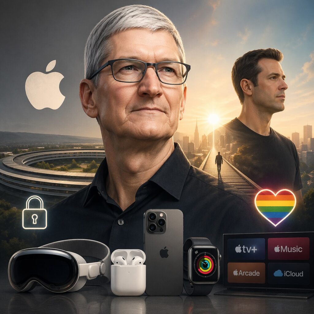 IMAGE: Portrait of Tim Cook with Apple devices and symbols of privacy, services, and inclusivity, with a successor figure in the background 
