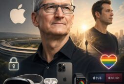 IMAGE: Portrait of Tim Cook with Apple devices and symbols of privacy, services, and inclusivity, with a successor figure in the background