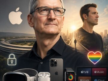 IMAGE: Portrait of Tim Cook with Apple devices and symbols of privacy, services, and inclusivity, with a successor figure in the background