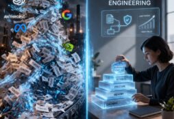 IMAGE: A split scene shows, on one side, a chaotic flood of glowing tokens and industrial AI systems, and on the other, a calm workspace where a person carefully builds a structured stack of relevant information, symbolizing efficient AI use