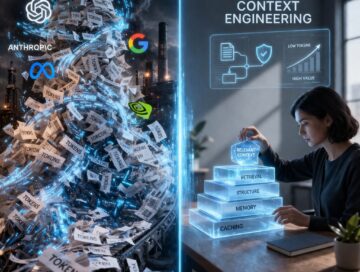 IMAGE: A split scene shows, on one side, a chaotic flood of glowing tokens and industrial AI systems, and on the other, a calm workspace where a person carefully builds a structured stack of relevant information, symbolizing efficient AI use