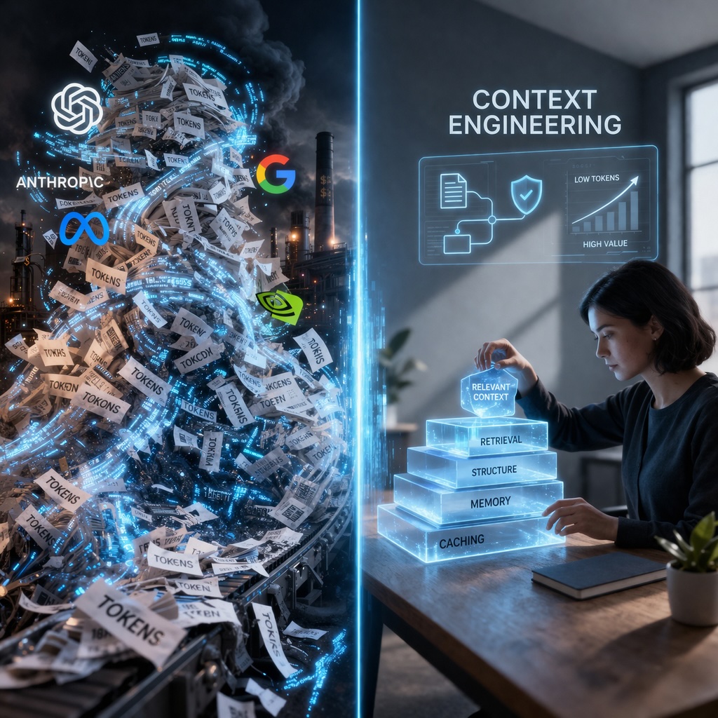 IMAGE: A split scene shows, on one side, a chaotic flood of glowing tokens and industrial AI systems, and on the other, a calm workspace where a person carefully builds a structured stack of relevant information, symbolizing efficient AI use