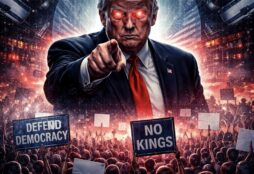 IMAGE: A stylized image of Donald Trump with glowing eyes towering over a crowd of protesters, surrounded by surveillance cameras and digital networks, symbolizing control and resistance