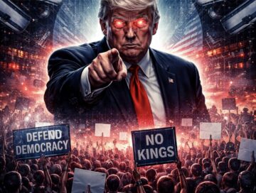IMAGE: A stylized image of Donald Trump with glowing eyes towering over a crowd of protesters, surrounded by surveillance cameras and digital networks, symbolizing control and resistance